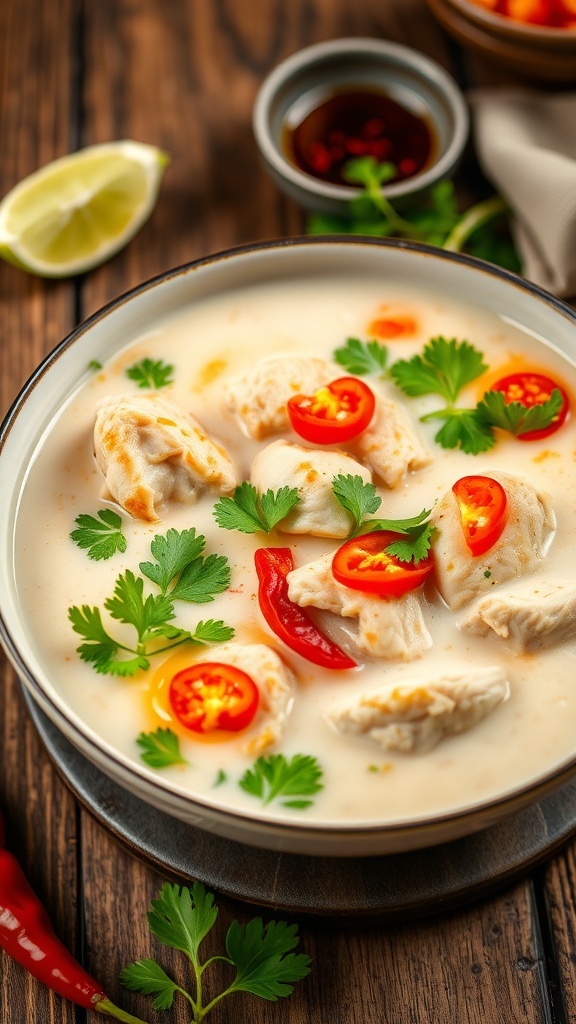 A bowl of Tom Kha Gai with chicken, coconut broth, garnished with cilantro and chili, on a wooden table with lime and chili oil.